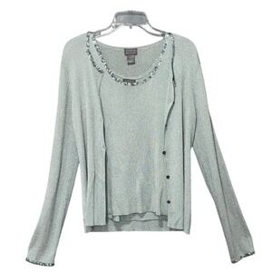 Sigrid Olsen Cardigan Twin Set Womens M Sage Green Metallic Beaded Chic Elegant